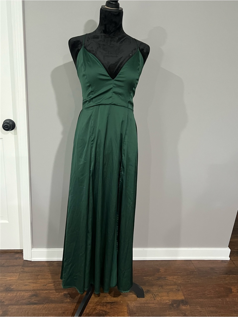 Windsor Dark Green Satin V-Neck Spaghetti-Strap Maxi Dress